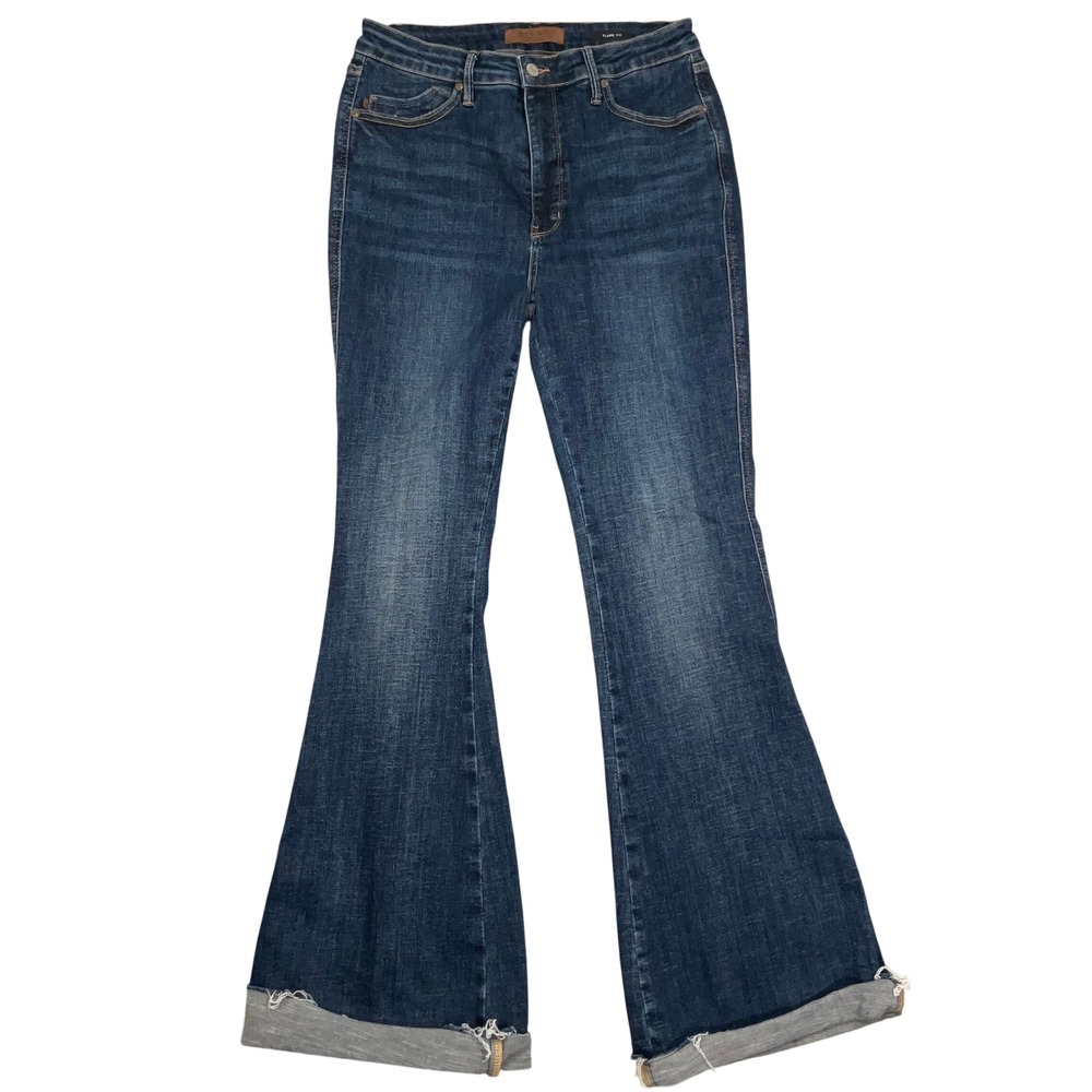 Judy Blue Flare Fit Jeans Womens 13/31 Dark Blue JB88882 Raw Hem High Rise Boho